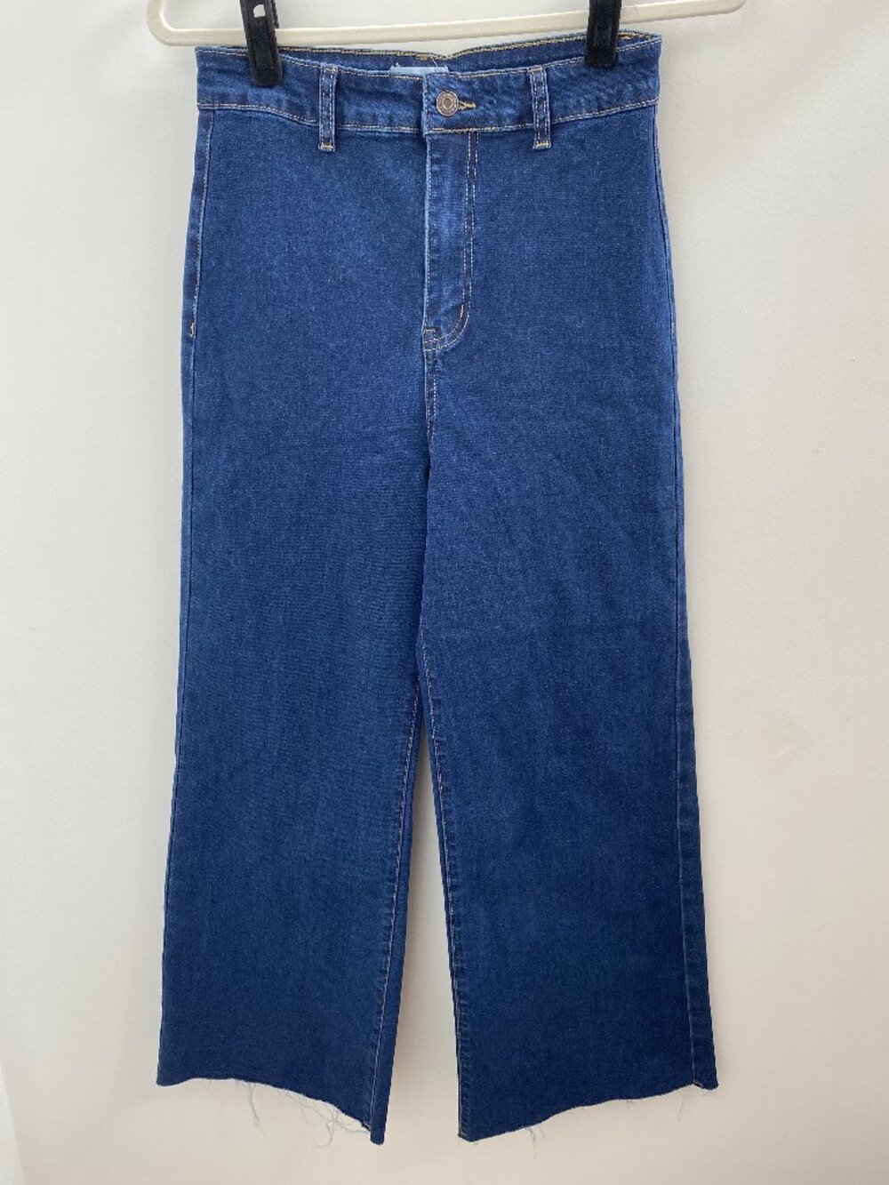 Anniewear Stretch High Waist Dark Wash Wide Leg Raw Hem Jeans - Size Medium
